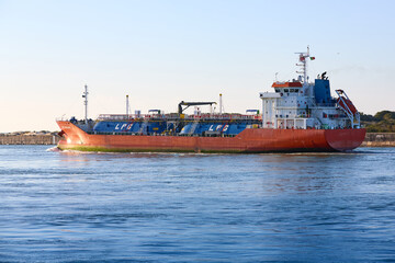 LPG, liquified petroleum gas tanker leaving the commercial harbor of Aveiro, Portugal