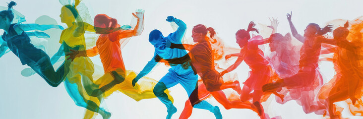 Exuberant Group of People Jumping with Colorful Paint on Their Faces and Bodies in MidAir Celebrating Joyful Moment