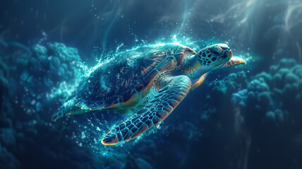 A majestic sea turtle glides through a mystical underwater world, illuminated by bioluminescent particles. - obrazy, fototapety, plakaty