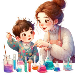 Mother  and a child are painting in a lab with many different colored liquids
