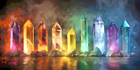 Nine crystal wand terminated quartz towers stood in a row - red, orange, yellow, green, blue, turquoise, purple, magenta, amber coloured clear quartz wands in a neat row ideal for crystal healing