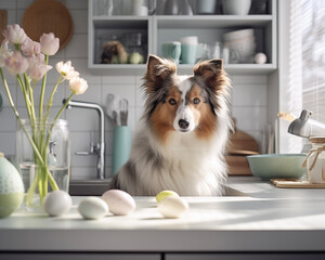 Cozy Easter card template. Dog on kitchen backdrop. Happy Easter banner. Spring celebrations background.