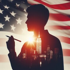 Illustration of a silhouette of a man from the profile in a double exposure close-up of the American flag and the outline of a modern city, all as a symbol of the upcoming presidential elections