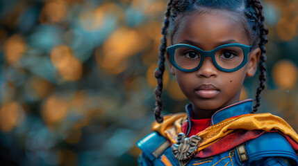 Black Child Wearing a Colorful Superhero Costume with a Cape