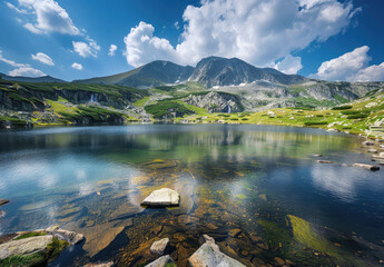 mountains with three lakes and waterfalls flowing down from them, a wide angle photo of mountain...