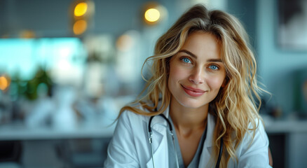 Smiling female doctor portrait in hospital cafe: Healthcare Professional