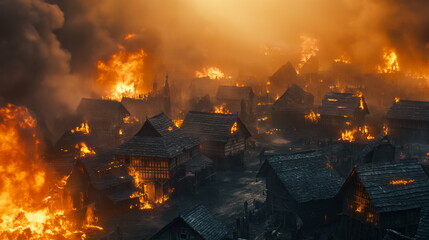 massive fire rages through a village, engulfing buildings in flames and sending thick smoke into the sky