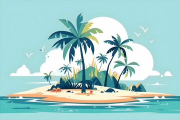 A tropical island paradise with palm trees. Flat design concept illustration
