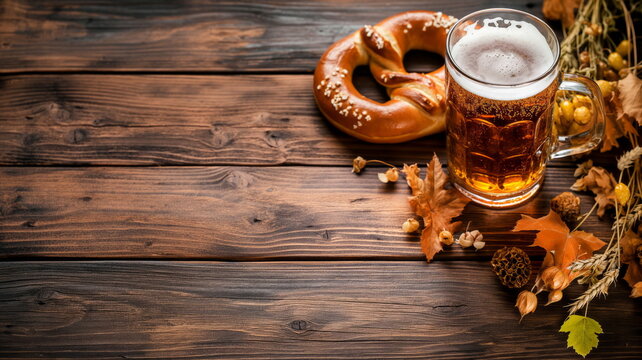 Oktoberfest beer with pretzel, wheat and hops on wooden table with copy space