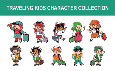 Kids character traveling vector illustration set