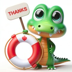Cute character 3D image of Alligator with life buoy and saying thanks white background