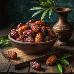 Dried date palm fruit on a wooden plate Generative AI
