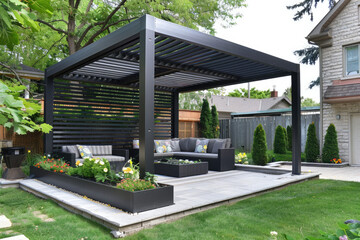 extremely beautiful and modern black aluminum L-shaped outdoor patio with louvers on the roof. There is seating around it for four people and there are two planters under the structure