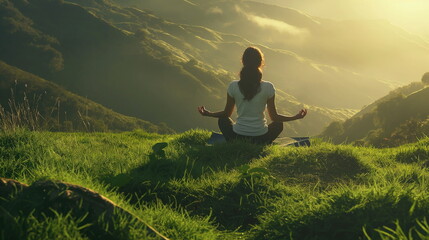Serene Woman Practicing Yoga on Lush Green Hillside at Sunrise. Tranquil Morning Bliss - obrazy, fototapety, plakaty