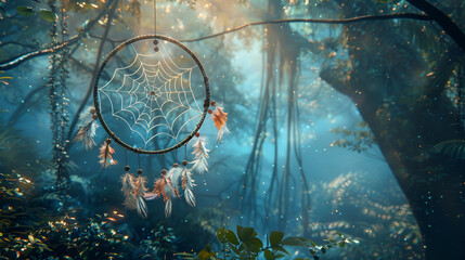 An intricate dreamcatcher is suspended before a network of luminous energy lines and nodes, creating a surreal blend of tradition and digital worlds - obrazy, fototapety, plakaty