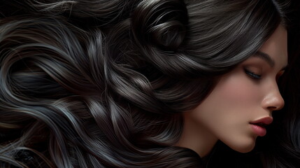 Woman with voluminous curls and perfect makeup in a close-up portrait