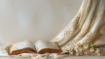 A banner design featuring a Tallit draped elegantly with a prayer book open nearby and a Shofar placed at the side - obrazy, fototapety, plakaty