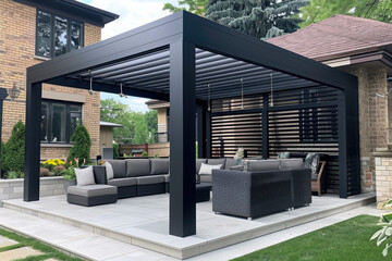 extremely beautiful and modern black aluminum L-shaped outdoor patio with louvers on the roof. There is seating around it for four people and there are two planters under the structure