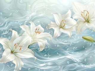 Fototapeta na wymiar A beautifully crafted vector illustration of flowing water and white lilies symbolizing purification and spiritual cleansing