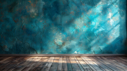 Blue Turquoise Empty Wall and Wooden Floor with Interior Decoration