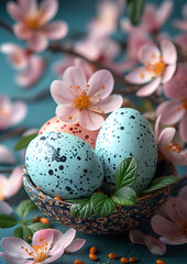 Obraz premium Easter greeting card, spring blossom and Easter eggs on a postal card template, soft colour background, postal size standard 105:148, printable graphic source