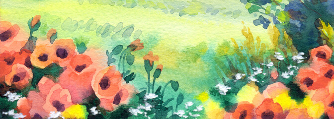 Watercolor landscape. Field with poppies