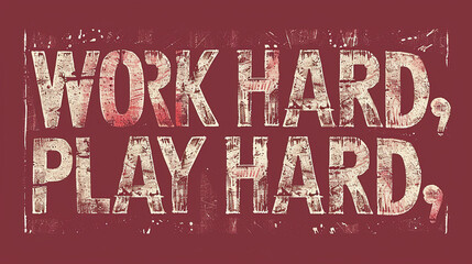A deep maroon "WORK HARD PLAY HARD" designed in a font that reflects Goudys style with substantial