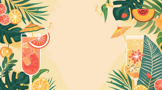 Fruit cocktail and tropical leaves on a pastel background, a summer banner template for menu design or advertising card with a drink bar party illustration vector