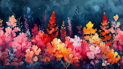 Paysage marin à l'aquarelle, fonds marins colorés avec algues, corail, faune et flore de l'océan, illustration de la mer sous l'eau  - obrazy, fototapety, plakaty
