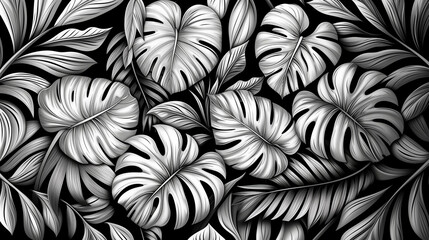 Grandes feuilles tropicales en noir et blanc sur arrière-plan noir, dessin au trait