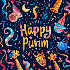 A funfair-themed Purim greeting card with whimsical carnival masks twirling streamers