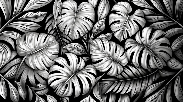 Grandes feuilles tropicales en noir et blanc sur arri&egrave;re-plan noir, dessin au trait