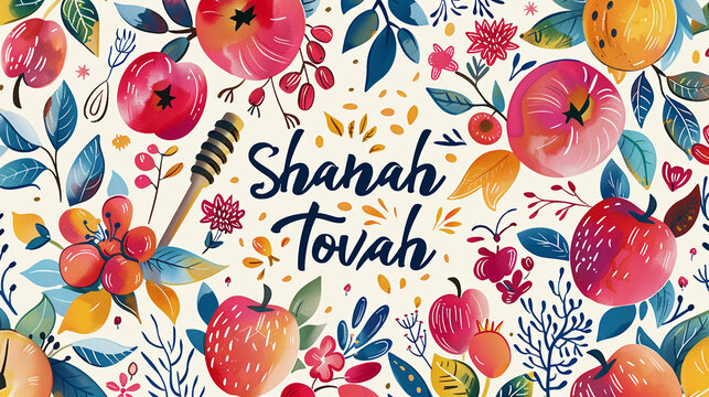 A festive Rosh Hashanah card patterned with apples honeycombs