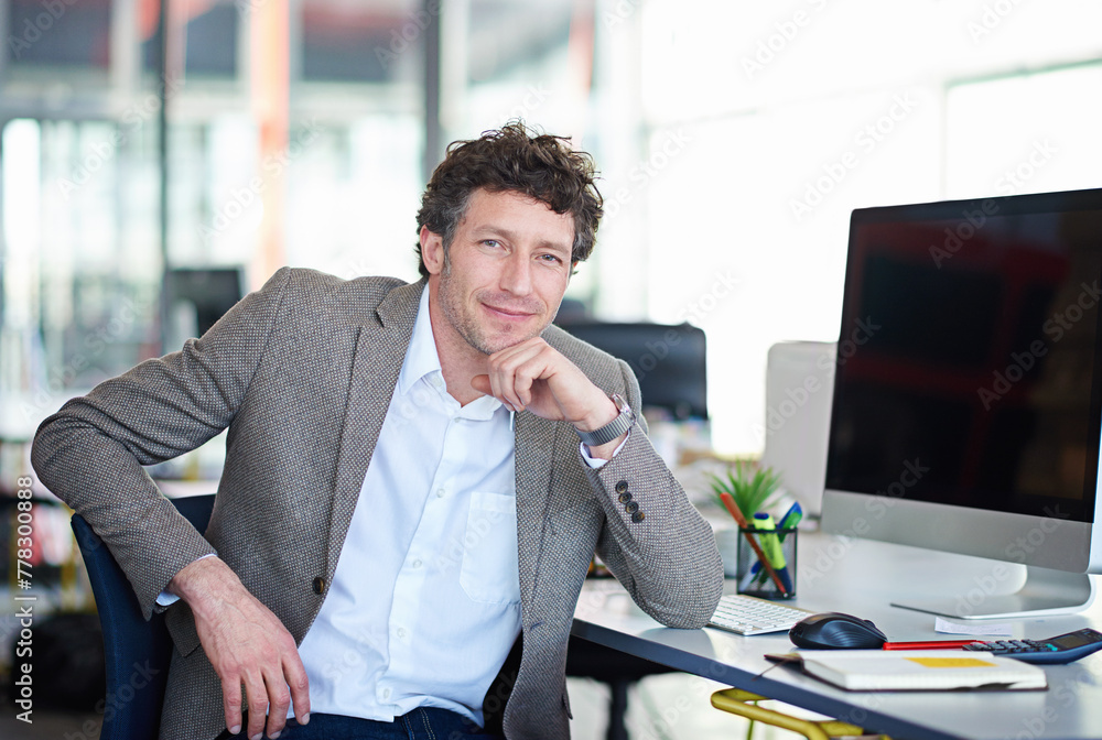 Poster Desk, man and computer in portrait with smile in office with designer for creative project. Table, male person and workstation with technology for web design with graphic for website with confidence