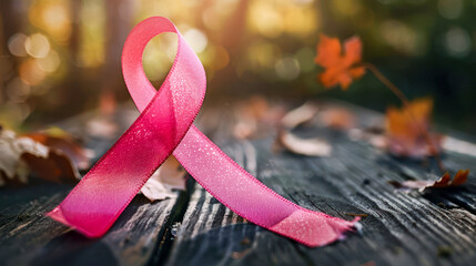 Pink Ribbon on Wooden Surface Symbolizing Breast Cancer Awareness