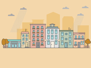 city building houses view skyline background real estate cute town concept horizontal banner flat vector illustration.