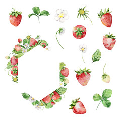 Frame with watercolor straberries and leaves