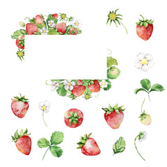 Frame with watercolor straberries and leaves