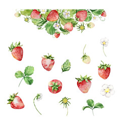 Frame with watercolor straberries and leaves