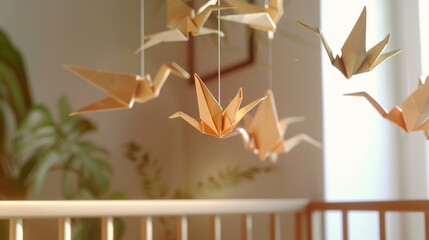 A delicate mobile of origami cranes hovering above a baby's crib, with the subtle movements and soft colors creating a calming and meditative atmosphere for sleep. 32k, full ultra hd, high resolution - obrazy, fototapety, plakaty