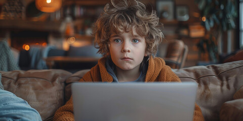 A sad curly-haired toddler sits on the sofa with a laptop, engaging in educational activities.