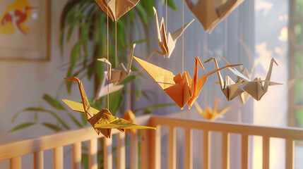 A delicate mobile of origami cranes hovering above a baby's crib, with the subtle movements and soft colors creating a calming and meditative atmosphere for sleep. 32k, full ultra hd, high resolution