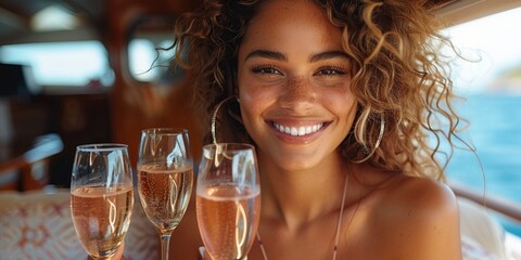 An excited woman celebrates on a yacht, drinking sparkling wine with friends amidst happiness and glamour.