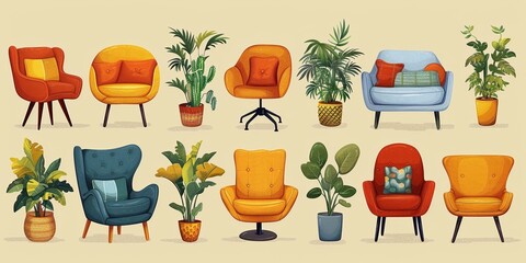 Modern interior illustration featuring decorative plants, comfortable furniture, and a cozy atmosphere.