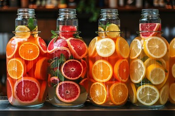 Refreshing cold citrus drink lineup with lemonade, mint, and berry-infused options.