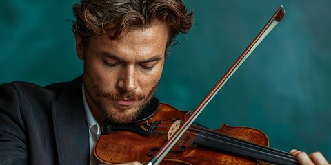A focused and handsome violinist passionately performs on stage, captivating the audience.