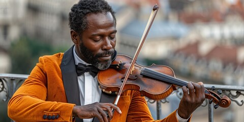 A focused, fashionable black violinist captivates at a street festival with talent and style.