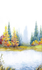 Autumn forest by the lake. Watercolor landscape