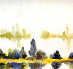 Watercolor landscape. Autumn on the lake