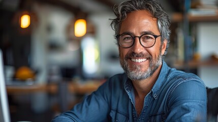 Portrait of big smiling mature man in eyeglasses in coffee shop - obrazy, fototapety, plakaty